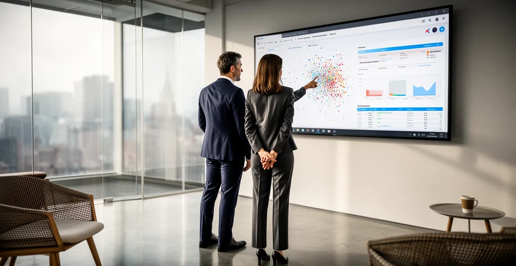 Two colleagues reviewing analytics dashboard on wall-mounted display