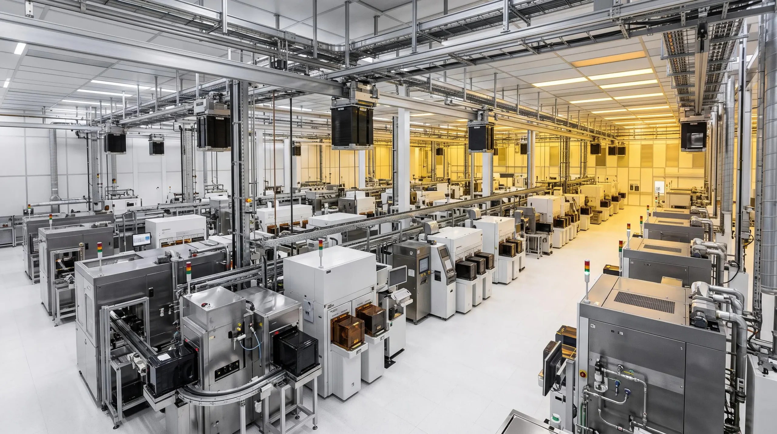 Wide view of interconnected automated semiconductor production line with overhead AMHS transport rails moving FOUP containers between process tools in lights-out cleanroom