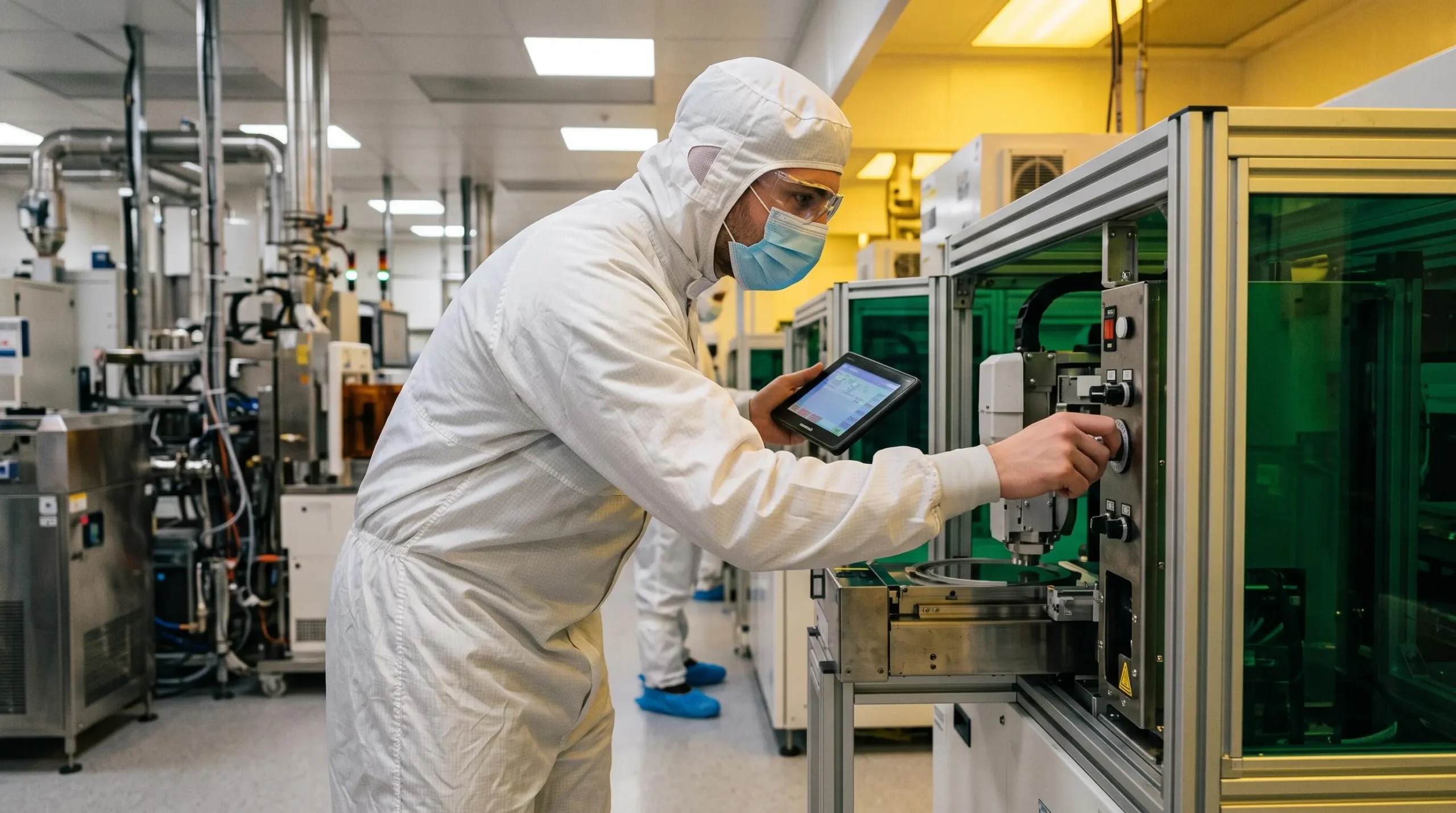 Maintenance technician in white cleanroom suit using diagnostic tablet to inspect robotic semiconductor equipment in fabrication facility