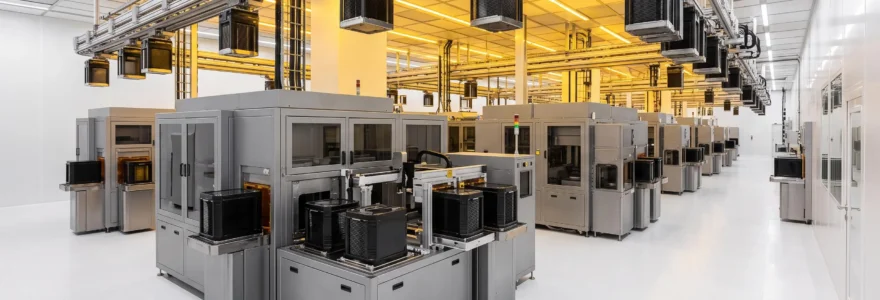 Fully automated semiconductor cleanroom with robotic equipment and EFEM systems handling wafer containers under yellow lighting with no human presence