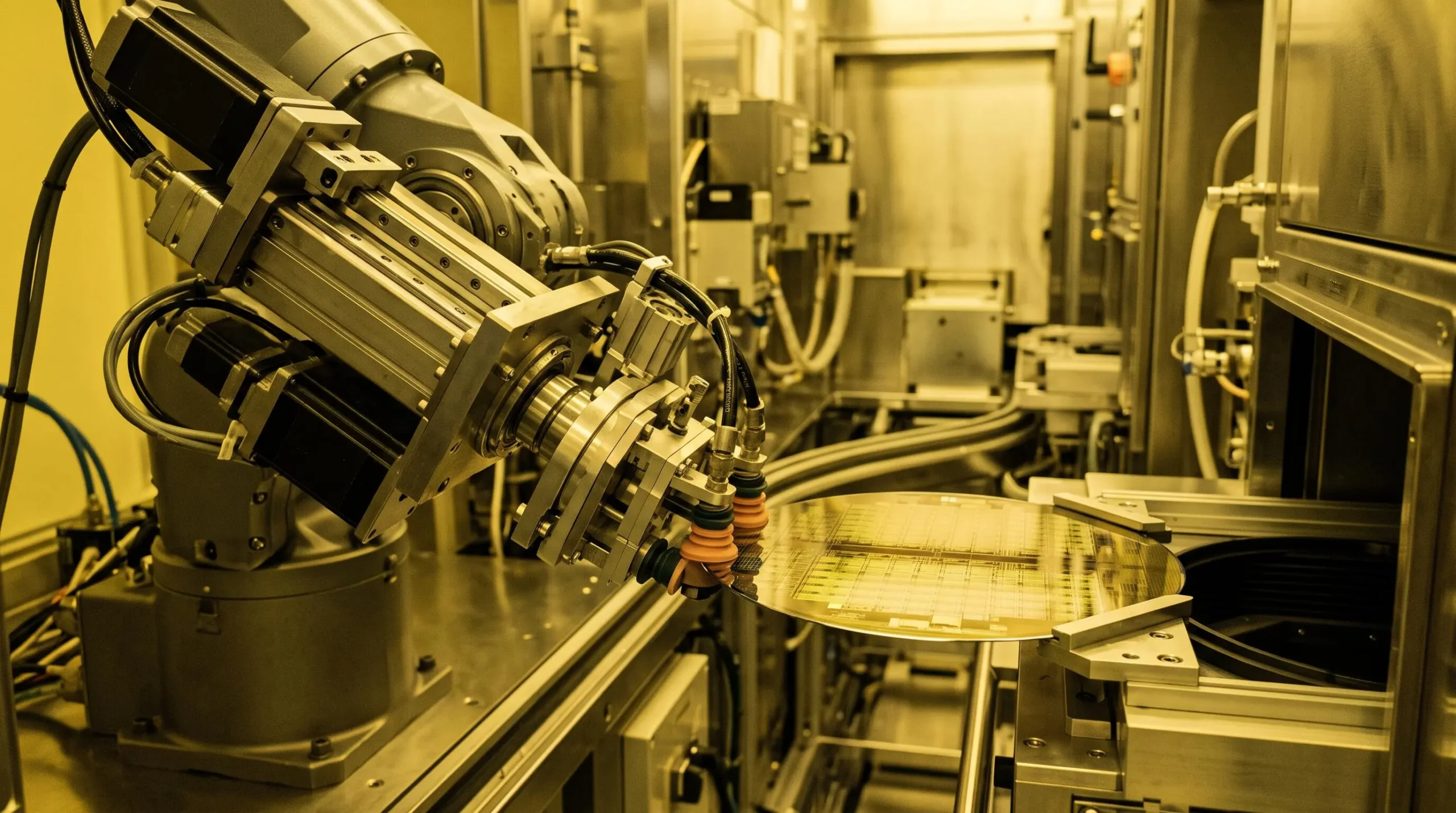 Robotic arm with vacuum gripper transferring a 300mm silicon wafer inside semiconductor processing equipment under yellow cleanroom lighting